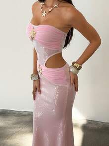 Bluhae 女士优雅性感度假亮片连衣裙，海星元素无肩带连衣裙，适合度假/日常/海滩穿着 - 粉色 - 查看 5