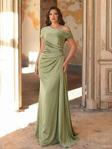Aureia Đầm dạ hội dáng đuôi cá trễ vai sang trọng, thanh lịch bằng chất liệu satin, cỡ lớn, thích hợp cho đám cưới, tiệc tùng, kỳ nghỉ, dạ hội, hoặc làm đầm phù dâu. - màu xanh lá - Xem 9