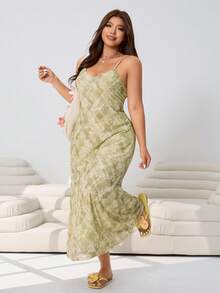 Solflare Plus Size Summer Sage Green Boho Picnic Holiday Dress,Mint Green Abstract Tie Dye Stretchy Knit Mesh Fitted Long Dress With Adjustable Straps,Casual - Multicolor - View 4