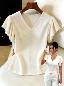 GlowEve 新款短袖纹理V领优雅百搭日常女式衬衫 - 杏色 - 查看 1