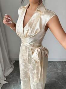 Elenzga Bộ áo liền quần mùa hè dành cho nữ, chất liệu jacquard, cổ chữ V, không tay, thắt eo, mở phía trước, màu sâm panh. - Rượu sâm banh - Xem 1