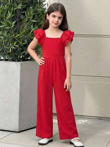 SHEIN 女童夏季休闲纯色荷叶边连体裤 - 紅色 - 查看 3