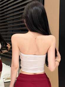DAZY Áo quây bandeau nữ dáng ôm crop top, in hình trái tim trắng, phong cách thời trang xuân hè, gợi cảm cho lễ hội âm nhạc, Valentine, đi biển và du lịch thường ngày - Màu be - Xem 5