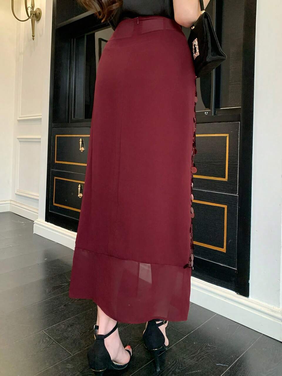 Women's Elegant Sexy Sequin Patchwork Straight Skirt, Autumn Party Burgundy Red