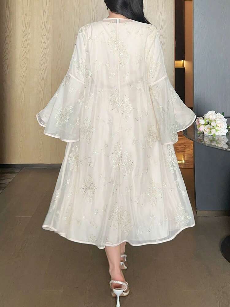 Dazy Plus Spring & Summer Women's Elegant Rhinestone Decor Round Neck Dress, Sequin Flare Sleeve Shirt, Plus Size 2-Piece Set