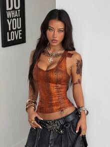 Coolane Women's Burnt Orange Summer Tank Tops Club Night Streetwear Vintage Concert Rave Festival Renaissance Fair All-Season Slim Fit Top - Orange - View 4