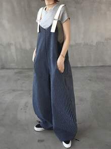 FRIFUL 女士撞色蓝色条纹背带裤，宽松休闲连体裤 - 藍色 - 查看 8