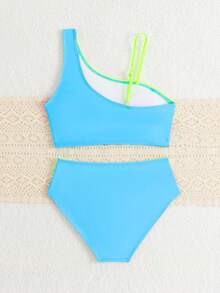 SHEIN Tween Girls Bikini Sets,Blue Colorblock Knit Fabric Halter Tankini Two-Piece Swimwear For Teenagers,Summer Beach Holiday,Full Coverage Bathing Suits - Multicolor - View 2