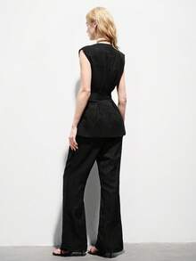 Aveloria Modichic Women's Solid V-Neck Knotted Waist Design Vest Top And Flare Pants Suit, Fashionable For Commuting And Outings Black Sleeveless Dress Low Cut Dress Tie Front Dress Black Dresses For Women Summer Black Silk Dress - Black - View 2