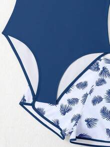 Teen Girl Solid Color Round Neck One-Piece Swimsuit With Floral Print Shorts - Blue - View 3
