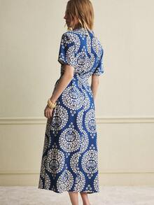 Écloséra 时尚休闲百搭宽松圆领印花短袖连衣裙，适合春夏穿着 - 藏蓝色 - 查看 2