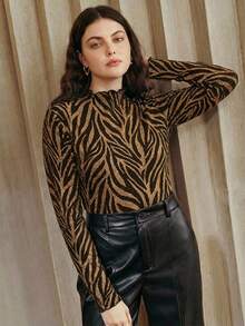 Anewsta Elegant Black Mock Neck Textured Silver & Gold Pleated Slim Fit Long Sleeve T-Shirt, Plus Size For Autumn - Gold - View 1