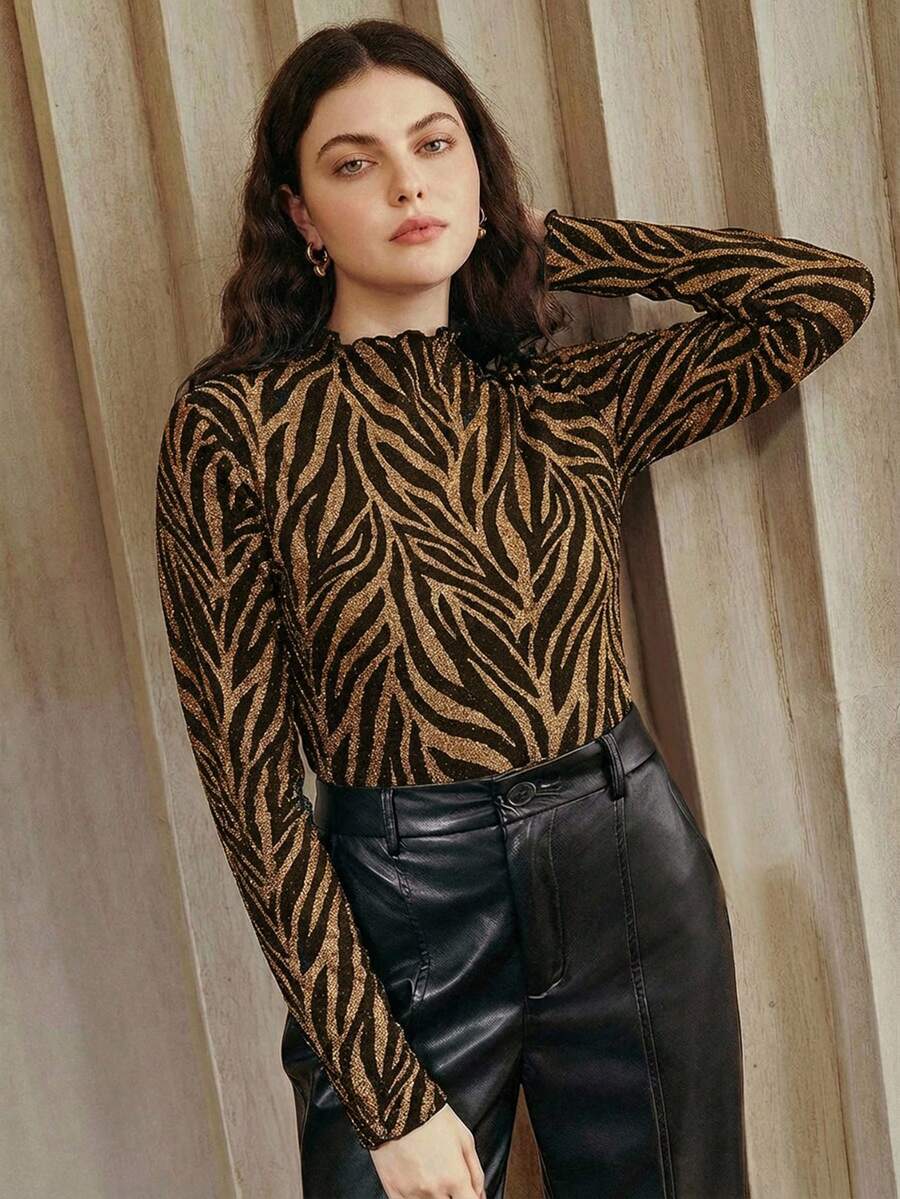 Anewsta Elegant Black Mock Neck Textured Silver & Gold Pleated Slim Fit Long Sleeve T-Shirt, Plus Size For Autumn - Gold - View 1