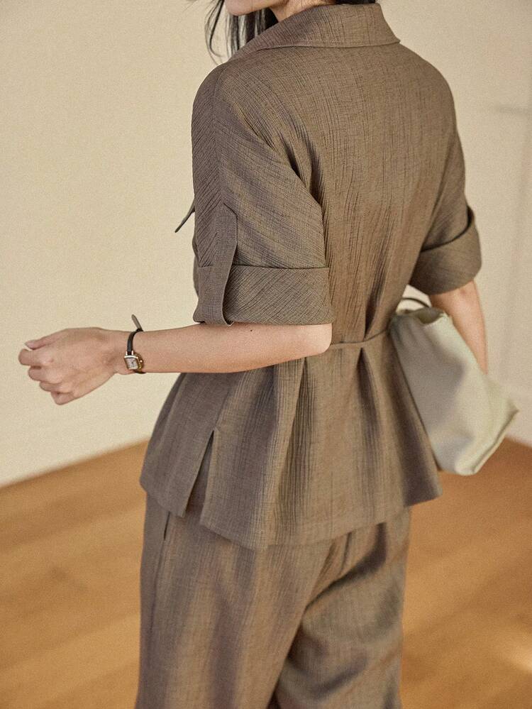 Women's Summer Casual/Work Solid Color Shirt And Pants 2 Pieces Set