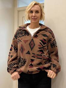 DAZY Geo Print Lantern Sleeve Half Zip Sweatshirt,Long Sleeve Tops,Fall Women Clothes - Camel - View 4