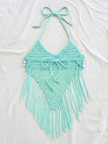 Soleia Top de punto sin espalda con cuello halter, dobladillo con flecos y decoración de lentejuelas para vacaciones en la playa - Azul menta - Ver 2