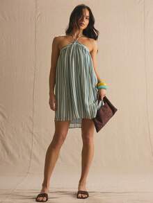 MUSERA Vestido mini de verano con cuello halter y estampado de rayas, fluido y cómodo, lindo y apropiado para uso diario, vacaciones, días soleados y eventos sociales como Pascua - Multicolor - Ver 6