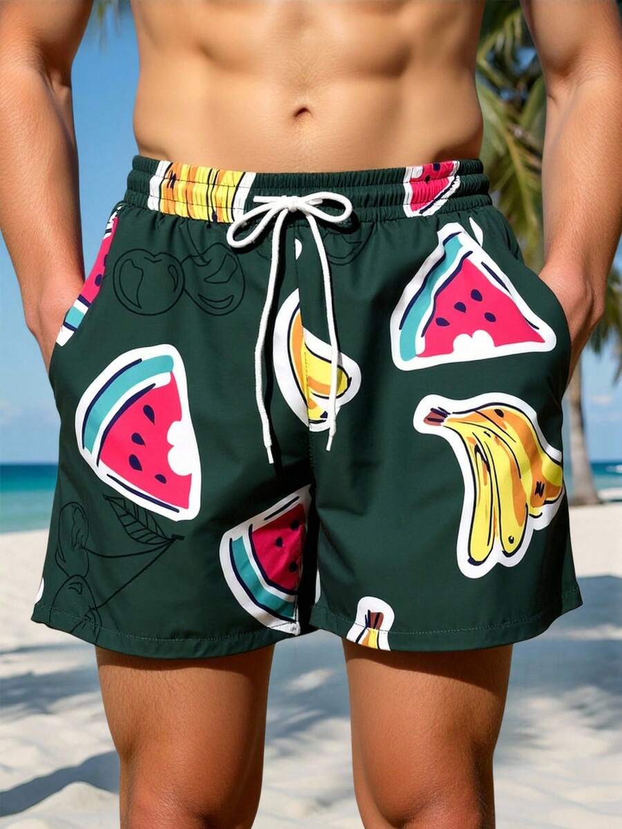 Manfinity Swimmode 男士抽绳腰带口袋水果印花休闲沙滩短裤 - 綠色 - 查看 1