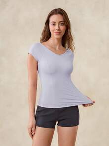 OutZeal Áo tập gym nữ, áo thun thể thao màu trơn, mùa hè xuân, tennis, yoga, áo casual, thoáng mát, ôm sát, tay ngắn, giúp kiểm soát vòng bụng, thích hợp cho hoạt động thể thao. - Màu tím - Xem 8