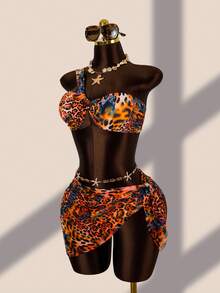 Zestiva Women's Leopard Print Asymmetric One-Shoulder Swimwear With Mesh Skirt, 3-Piece Fashionable Sexy Beachwear Set - Multicolor - View 5
