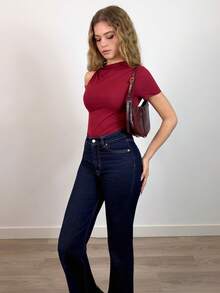 Aless PB Women Metal Decor Cutout Shoulder Short Sleeve Solid Color Fashionable T-Shirt - Red - View 1