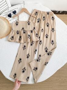 SHEIN Tween Girl Floral Print Ruffle Hem Camisole And Pants Casual Outfit - Khaki - View 2