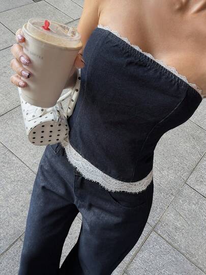 Livesso 女士无肩带蕾丝下摆休闲牛仔连体裤