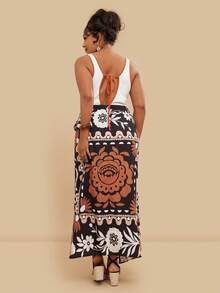 Travachic Plus Size Women's Solid Color Vest Patchwork Print Dress, Wrap Tie Waist Dress, Holiday Casual Beach Dress Plus Size Resort Wear - Multicolor - View 2