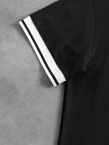 Aesthetic Post 男士T恤套装，撞色条纹罗纹下摆，背面印有大号数字，休闲学院风，宽松版型 - 黑色 - 查看 6