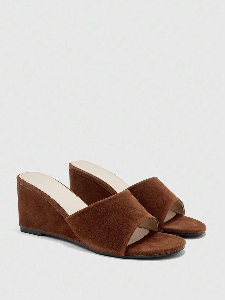 CUCCOO BIZCHIC Women's Round Toe Slippers (Glossy Brown Leather, Wedge-Shaped Heel, Stylish And Elegant, Comfortable To Wear, Suitable For Work, Leisure, Dating, Parties, Summer Clothing) Summer Shoes