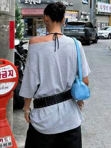 Rovax Women's Loose Casual Numeric Print Oblique Shoulder T-Shirt - White - View 2