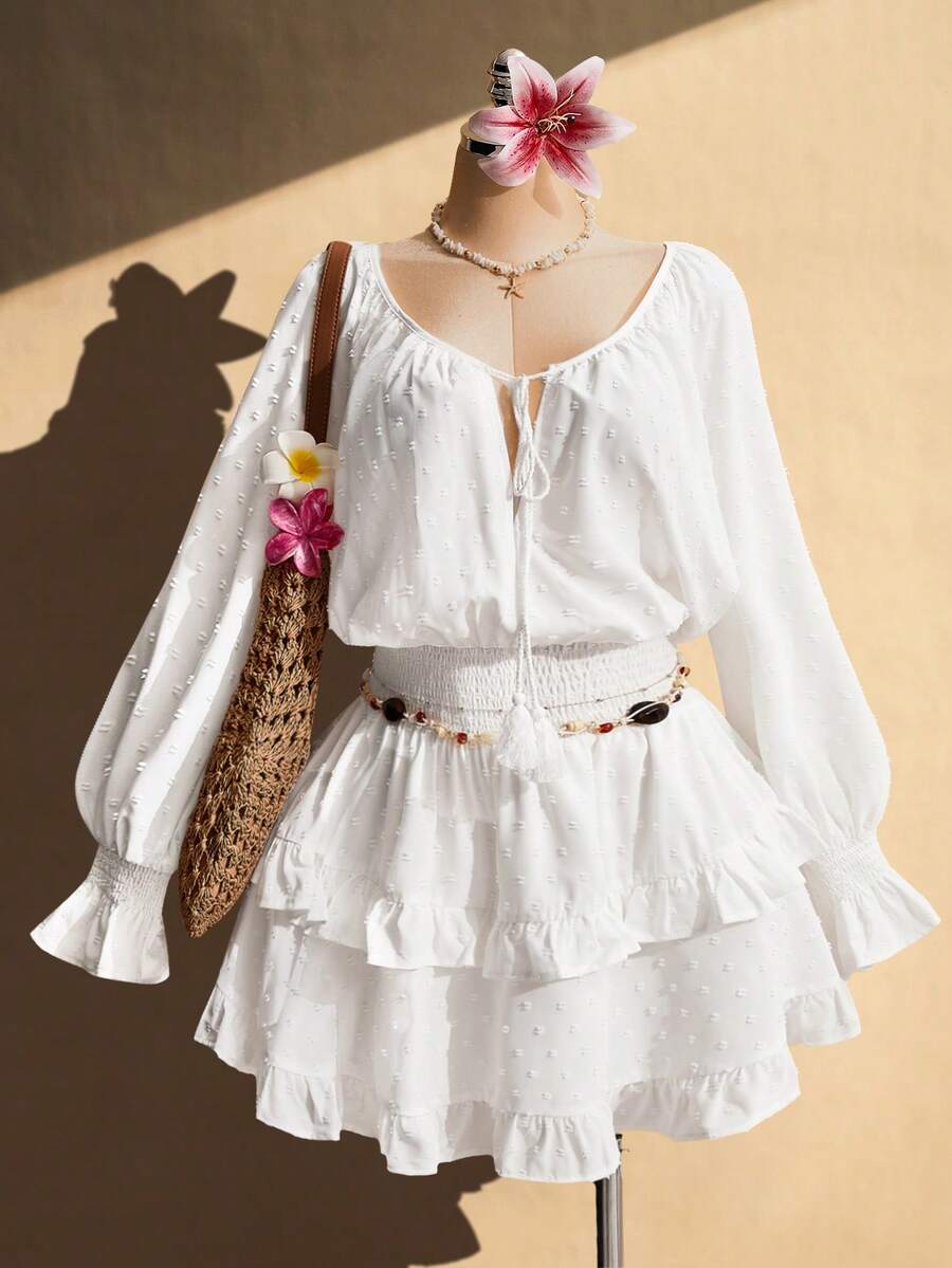 SHEIN ICON Đầm chữ A dáng xòe xếp ly, cổ chữ V, thắt eo, cỡ lớn, phong cách boho, thích hợp mặc đi nghỉ mát, mùa xuân. - Màu be - Xem 1