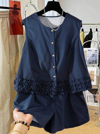 GlowEve CURVE 大码女装早春藏蓝色波点系列荷叶边无袖上衣和短裤两件套
