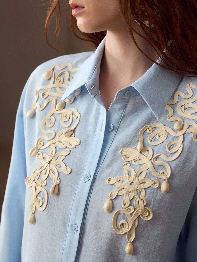 WOMEN'S CASUAL HANDMADE FLOWER & SHELL DECOR BLOUSE, SUITABLE FOR VACATION