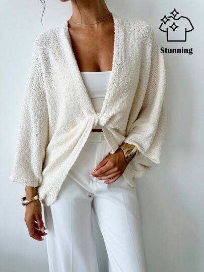 Aloruh Knitted V-Neck Long-Sleeved Top With Knots Comfortable Soft Breathable Formal Occasion, Special Occasion Elegant, Chic, Modest Re-Wearable Modest Butterfly Sleeve Going Out Tops Elegant Vacation Casual