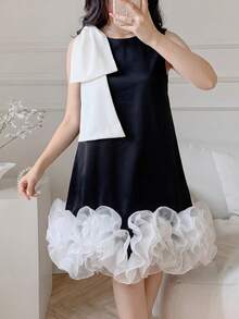 SHEIN Teen Girl Bowknot Ruffle Hem H-Line Party Dress Black Dress With White Bow Ruffle Trim Dress Black White Dress Sleeveless Dress - Black and White - View 6