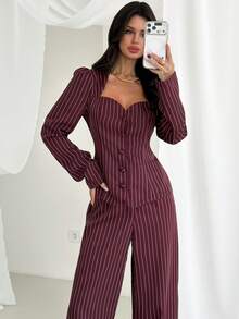 Firerie 女士优雅简约时尚通勤都市新款复古甜心领条纹腰部衬衫上衣和高腰阔腿裤两件套，酒红色 - 酒紅色 - 查看 1