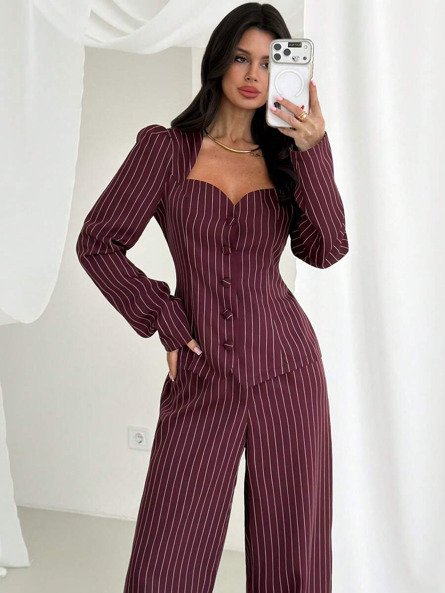 Firerie 女士优雅简约时尚通勤都市新款复古甜心领条纹腰部衬衫上衣和高腰阔腿裤两件套，酒红色 - 酒紅色 - 查看 1