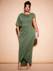 Cravure Vestido mini ajustado de manga corta asimétrico de hombro para mujer de talla grande, elegante y de punto, color verde del ejército - Verde militar - Ver 1