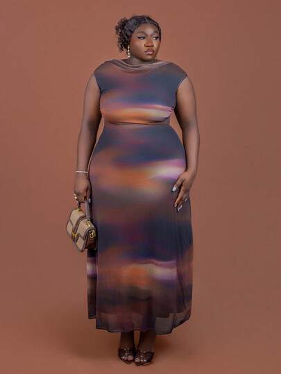 CurvyTilda 加大码优雅扎染印花长款鱼尾连衣裙，女士正装