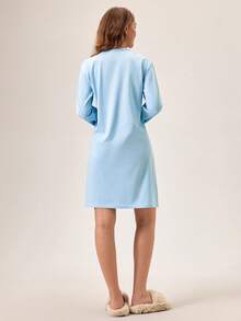 Loomlin Robe de nuit en coton à manches longues et col rond avec imprimé koala pour femmes, vêtement d'intérieur - Bleu azur - Voir 2