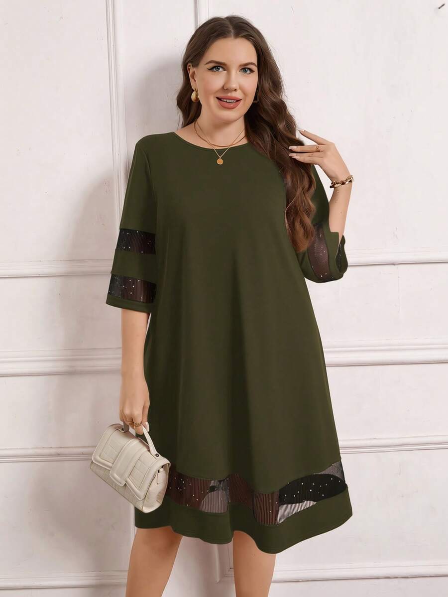 EMERY ROSE Đầm đen dáng rộng, thanh lịch, cổ tròn, tay lỡ 3/4, phối lưới tương phản, dành cho nữ cỡ lớn, thích hợp mặc mùa đông. - xanh quân đội - Xem 1