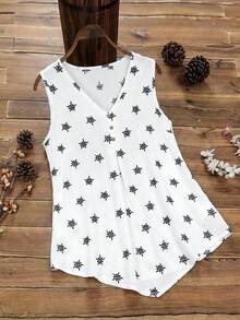 EMERY ROSE 女士V领印花褶皱休闲百搭通勤无袖衬衫 - 白色 - 查看 3