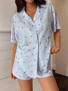 Napfluff 蓝色条纹爱心印花短袖开衫和短裤宽松女式睡衣套装 - 藍色 - 查看 5