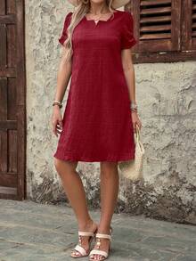 Miaspire Women's Summer Dress With Notched V-Neck And Short Sleeves - Burgundy - View 6