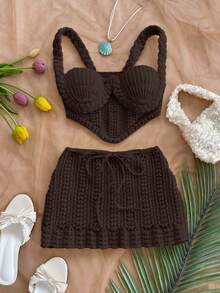 Soleia 两件套度假性感吊带钩编露脐上衣和低腰裙套装，适合音乐节、波西米亚风、假日、约会、下午茶等场合。 - 咖啡棕 - 查看 4