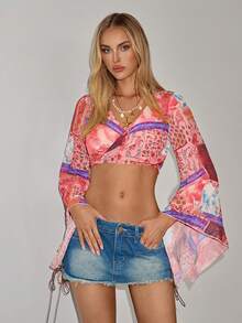 SHEIN ICON 女士度假风拼接图案前系结喇叭袖短款性感衬衫 - 彩色 - 查看 5