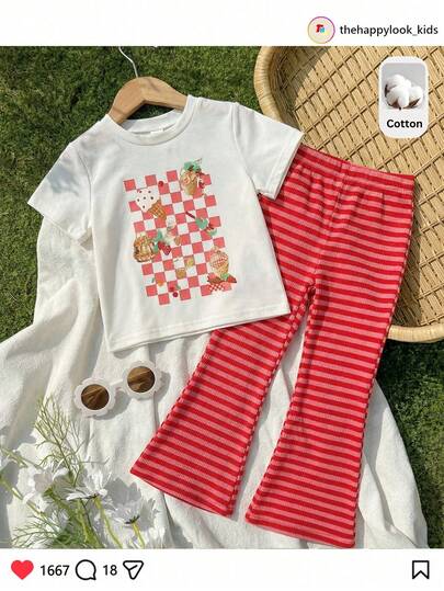 THE HAPPY LOOK Young Girl Cartoon Animal Print Knit Soft Round Neck Short Sleeve Top And Elastic Waist Pants 2-Piece Set Girls Pant Sets Girls Bell Bottom Outfit Bell Bottom Outfits For Kids Flare Pants Set Kids