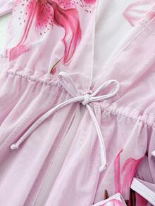 SHEIN 少女碎花三件套泳衣，夏季夏威夷海滩度假 - 粉色 - 查看 3