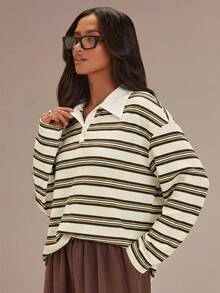 Athîral Áo sơ mi nữ kẻ sọc dáng rộng, cổ bẻ, tay dài, thích hợp cho mùa xuân và ngày Valentine. - Màu be - Xem 5